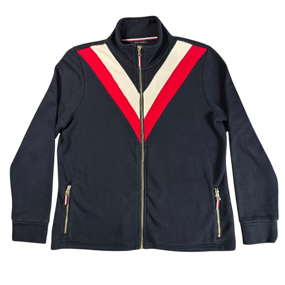 Tommy Hilfiger Womens L Full Zip Track Jacket Navy Red White Chevron Logo Preppy